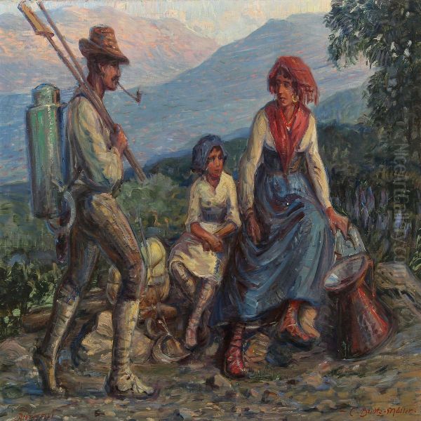 Scenery From Italy With A Family Taking A Rest Oil Painting by Carl Budtz-Moller