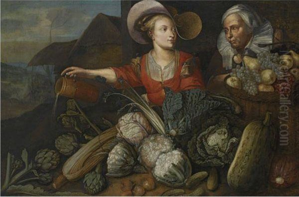 A Young Lady And An Elderly Lady Attending Their Vegetables Oil Painting by Joachim Beuckelaer