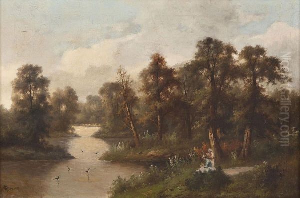 Damen In Sommerlicher Flusslandschaft Oil Painting by Karl Albert Buehr