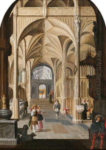 Some Figures In Achurch Interior Oil Painting by Jan Jansz. Buesem