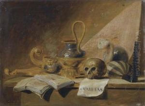 Vanitas Still Life With Books, A Violin, A Lute, And Incense Burner And A Jug On A Table. Oil Painting by Jan Jansz. Buesem