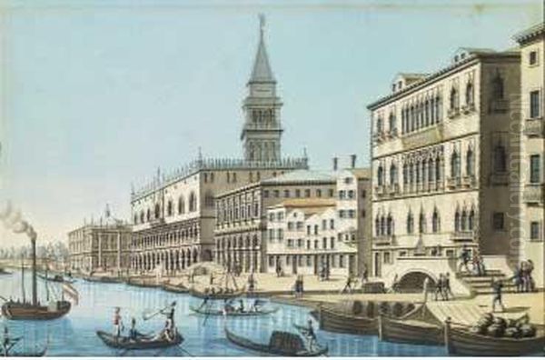 A) Canal Grande Con La Punta Della Dogana B) Venezia Oil Painting by Luigi Bugatto