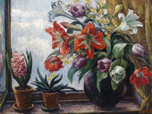 Spring Flowers In A Window Oil Painting by Martha Buhl