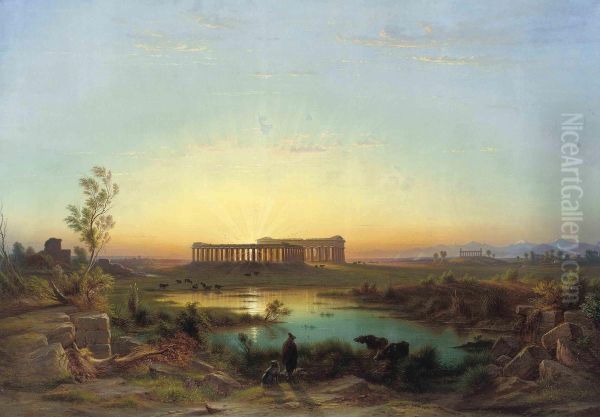 A Herdsman Watering His Cattle At Paestum, Dusk Oil Painting by Rudolf Johan Buhlmann