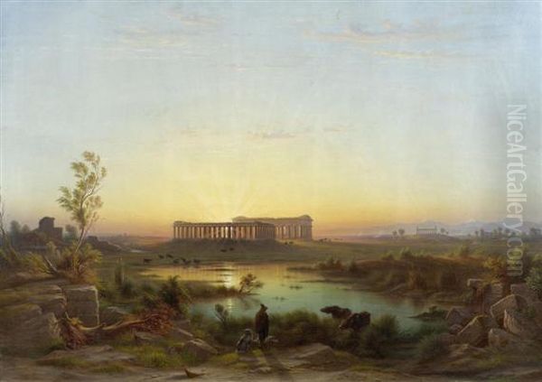 View From The Old Wall Of Paestum Towards The Basilica And The Temples Of Poseidon And Athena Oil Painting by Rudolf Johan Buhlmann