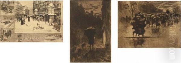 Pluie Et Parapluie; L'hiver A Paris; Le Petit Enterrement Oil Painting by Felix-Hilaire Buhot