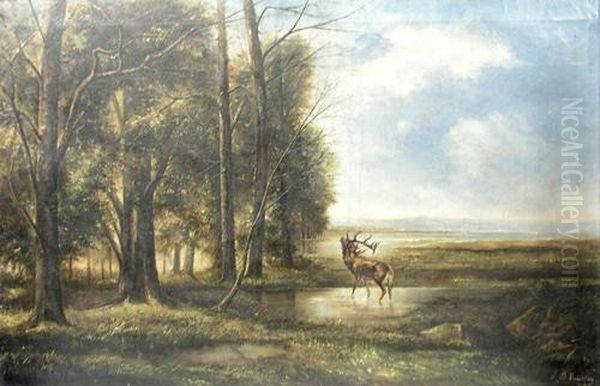 Stag At The Forest Border Oil Painting by Theodor Buicliu