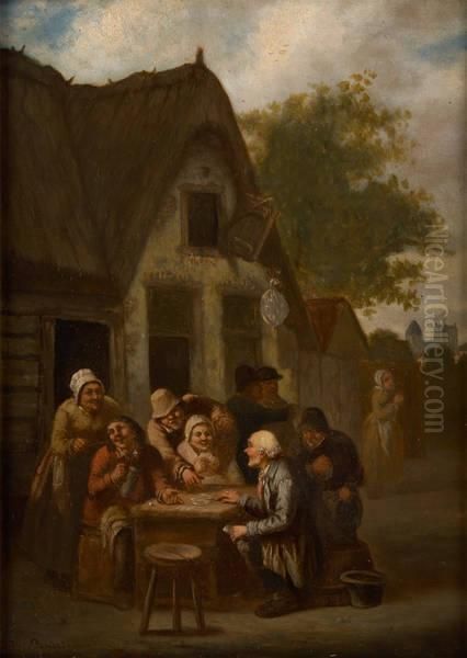 Les Joueurs De Cartes Devant La Taverne Oil Painting by Georges J. Buisson