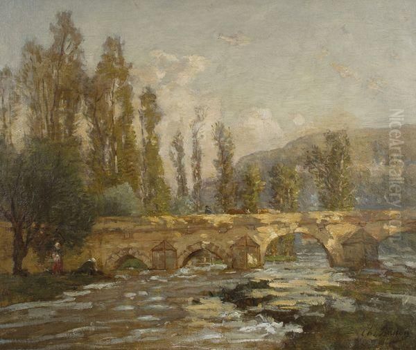 Paysage Au Pont Oil Painting by Georges J. Buisson