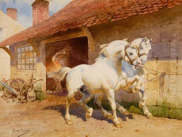 Chevaux Chez Le Marechal Ferrand. Oil Painting by Georges J. Buisson