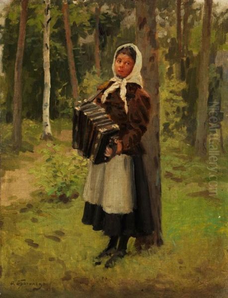 Junge Frau Mit Ziehharmonika Oil Painting by Feodor Feodorovich Bukholts