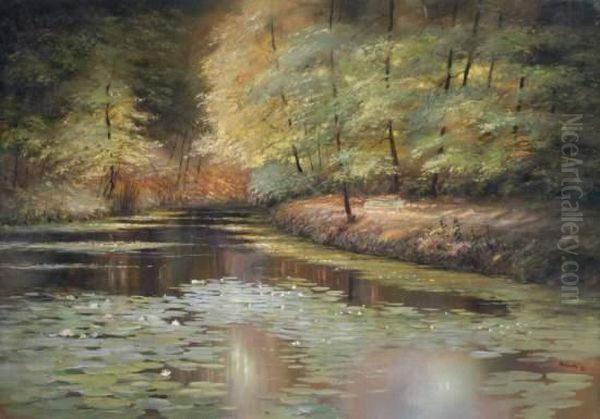 Seerosenteich In Herbstlicher Waldlandschaft Oil Painting by Jan Bukowski