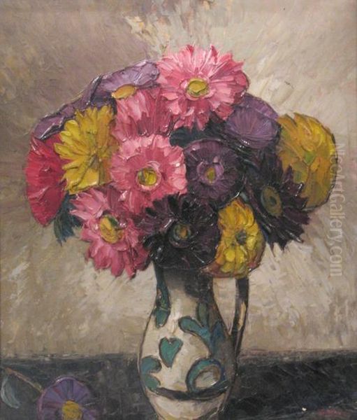 Pot With Flowers Oil Painting by Petru Bulgaras