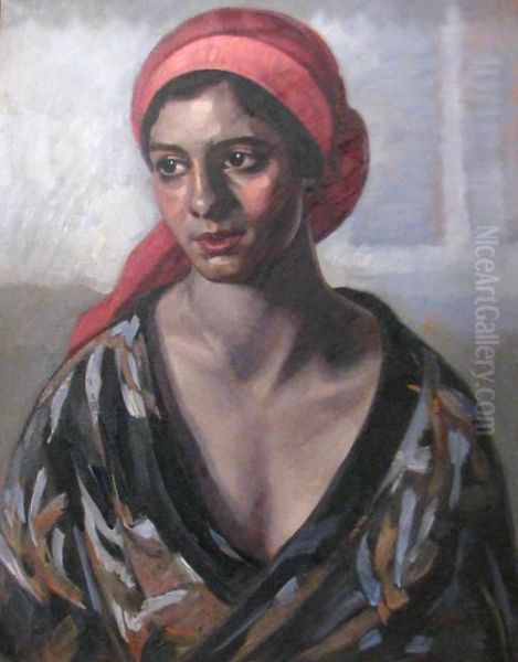 The Red Turban Oil Painting by Petru Bulgaras