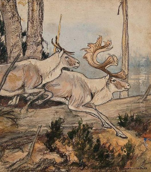 Two Running Moose Oil Painting by Charles Livingston Bull