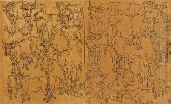 Study Sheet With Cows And Sheep Oil Painting by Johann Balthasar I Bullinger