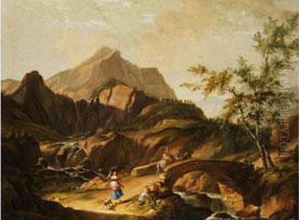 Schweizer Gebirgslandschaft Mit Steinbrucke Uber Einen Wasserfall Und Figurenstaffage Oil Painting by Johann Balthasar I Bullinger