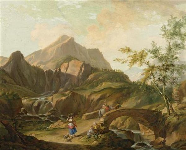 Gebirgslandschaft Mit Einer Brucke Uber Einen Fluss Und Hirten. 1764. Oil Painting by Johann Balthasar I Bullinger