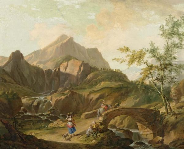 Mountain Landscape With A Bridge Over A River, With Herdsmen. 1764. Oil Painting by Johann Balthasar I Bullinger