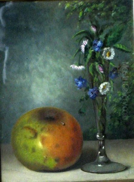 Apple And Stem Vase With Flowers Oil Painting by Bullock