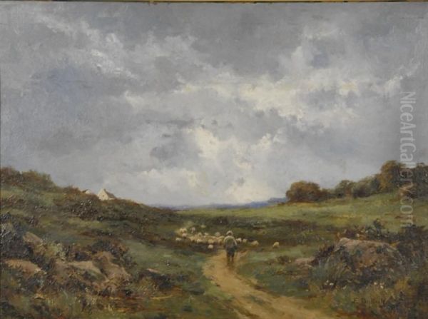 Sheep Herder In A Landscape Oil Painting by Edith Bullock