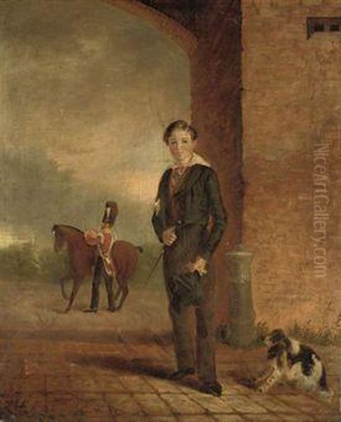 Portrait Of George Dean-pitt (1823-1883), Standing Small Full Length In An Archway, With His Spaniel, A Grenadier Guard Preparing His Horse Beyond Oil Painting by Thomas Bunbury