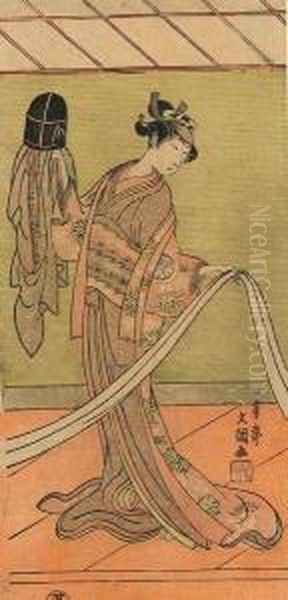 Hosoban Tate-e, Jeune Femme Debout En Kimono Regardant Un Obi Oil Painting by Ippitsusai Buncho