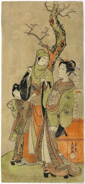 Lovers Under Cherry Blossoms Oil Painting by Ippitsusai Buncho