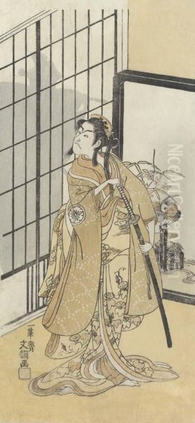 Full-length Portrait Of The Actor Matsumoto Koshiro In A Femalerole, The Silhouette Of A Male Figure Visible Through The Shojiscreen Oil Painting by Ippitsusai Buncho