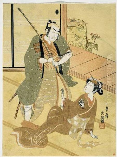 Ichikawa Danjuro Iv Dans Le Role Du Samurai Hiraoka Heiemon Et Segawa Kikunojo Ii Dans Le Role D'okaru Oil Painting by Ippitsusai Buncho