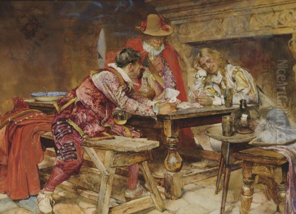 A Game Of Cards Oil Painting by Edgar Bundy