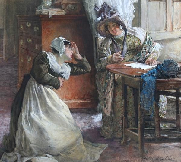 Interior Scene With A Lady Seated At A Table, With A Maid Kneeling Beside Oil Painting by Edgar Bundy