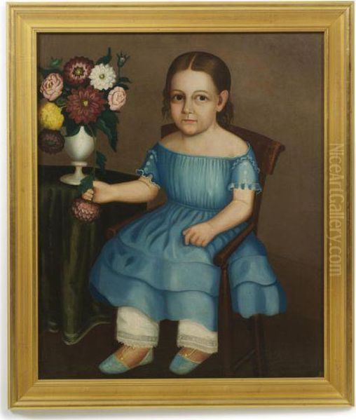 Portrait Of Young Girl With Vase Of Zinnia Blooms Oil Painting by Horace Bundy