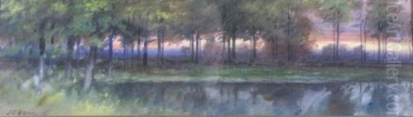 Depicting A Woodedpond At Day's End Oil Painting by John Elwood Bundy