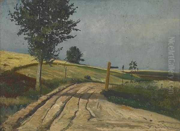 Sommerliche Feldpartie Mit Landstrasse Und Wegweiser. Oil Painting by Franz Bunke