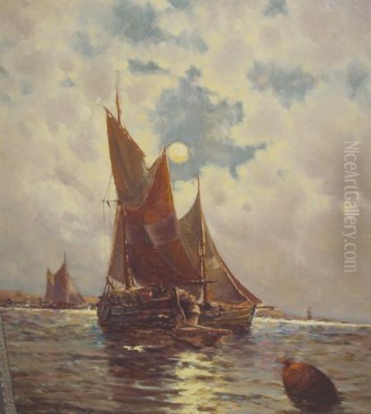 Ships Offshore Inmoonlight Oil Painting by George Bunn