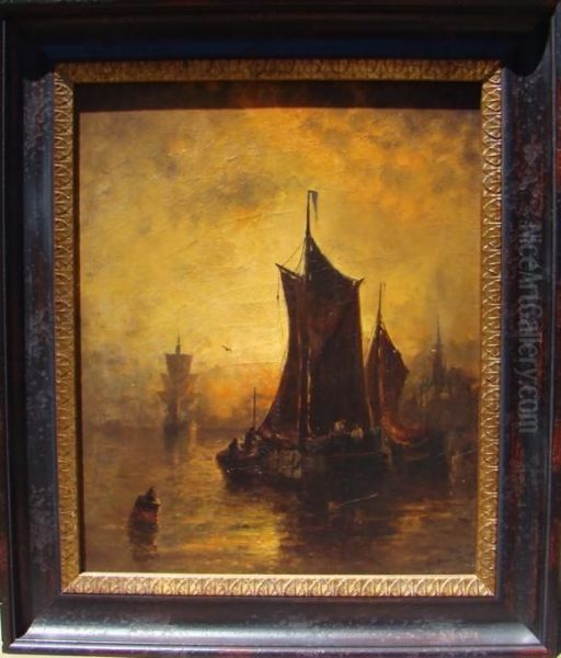 European Twilight Marine View With Boats In A Harbor Oil Painting by George Bunn