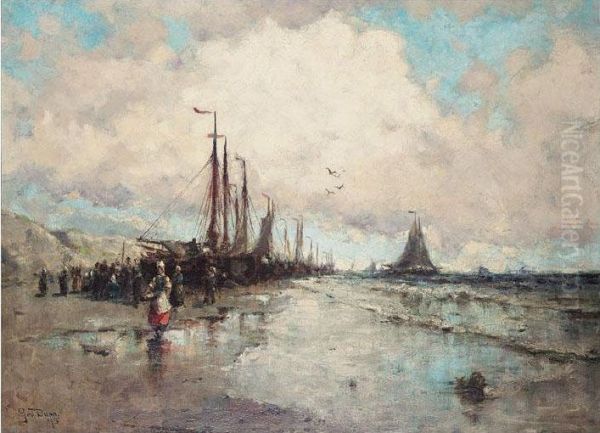 Vessels On The Beach Oil Painting by George Bunn