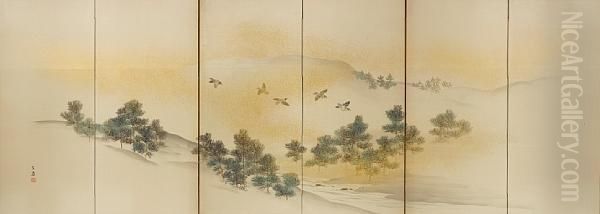 Flying Above Pine Trees Growing Beside A River Oil Painting by Maekawa Bunrin