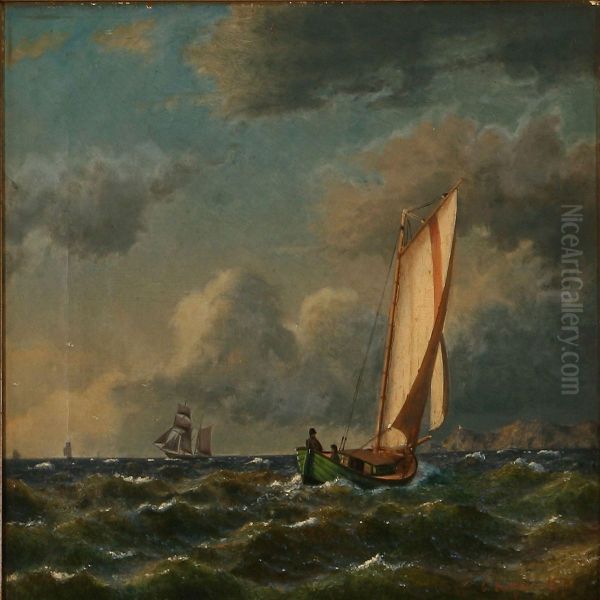 Seascape With Sailing Ships Off A Coast Oil Painting by Carl Buntzen