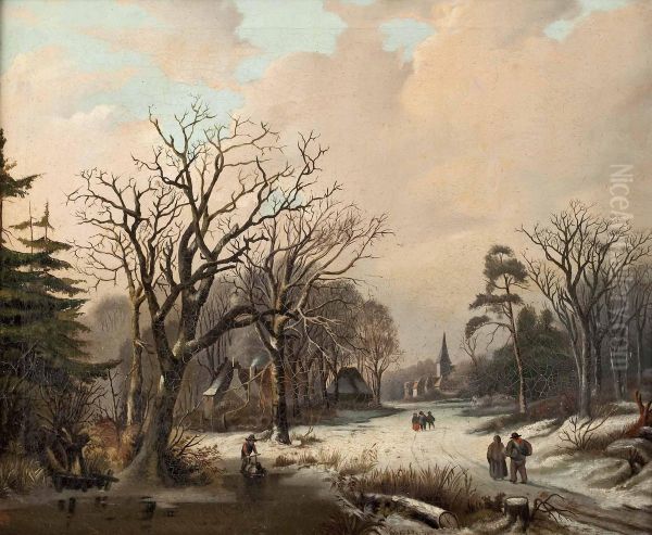 Winterlandschaft Mit Dorf Und Personenstaffage Oil Painting by Karl Bunzl