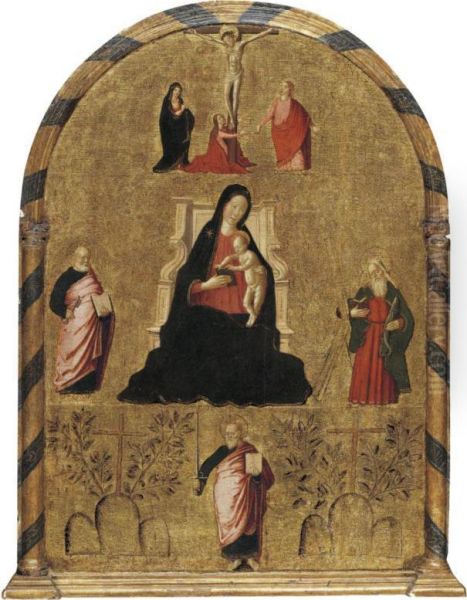 The Madonna And Child Enthroned With The Crucifixion And Saints Peter, Andrew And Paul, Together With The Insignia Of Monte Oliveto Maggiore Oil Painting by Pietro Buono