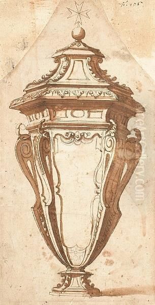 Recto: Design For A Vase Or Urn Surmounted By A Maltese Cross Oil Painting by Bernardo Buontalenti