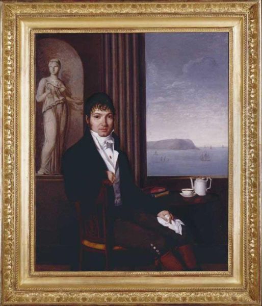 Portrait Of A Gentleman, Seated At A Table, A View Of The Sea Through A Window Behind Oil Painting by Henri Buquet