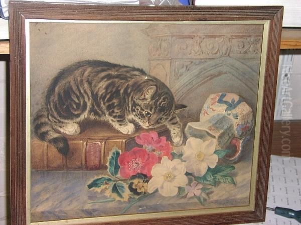 Tabby Kitten Sitting On A Natural History Book, Playing With A Vase Of Flowers Oil Painting by J.M. Burbank