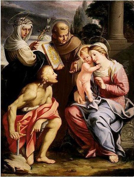 The Madonna And Child With Saints Catherine And Bernardino Of Siena, Together With Saint Galgano Oil Painting by Deifebo Burbarini