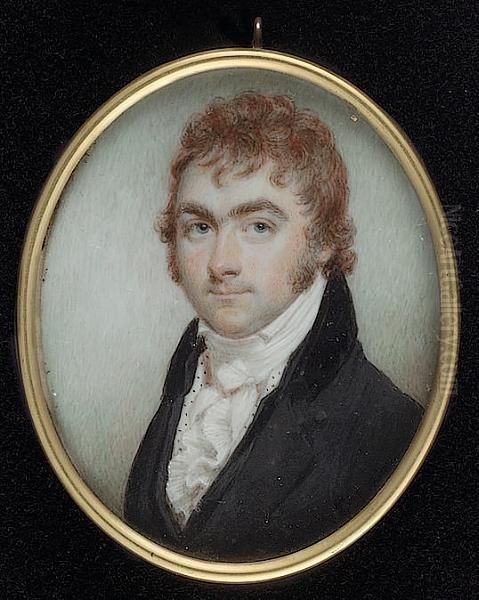 A Gentleman, With Red Hair, Wearing Dark Grey Coat With Black Collar, Matching Waistcoat With White And Black Spotted Lining, Frilled Shirt And Cravat Oil Painting by Edward Burch