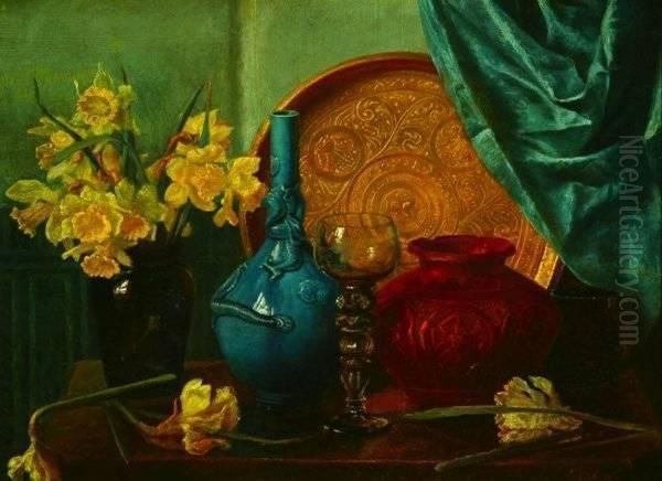 Still Life With Daffodils And Pottery Oil Painting by Augusto Burchi