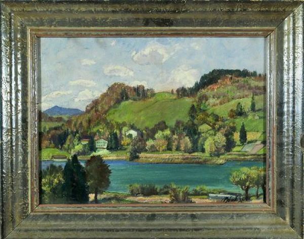 Hauser Am Fluss In Spatsommerlicher Hugellandschaft Oil Painting by Paul Burck