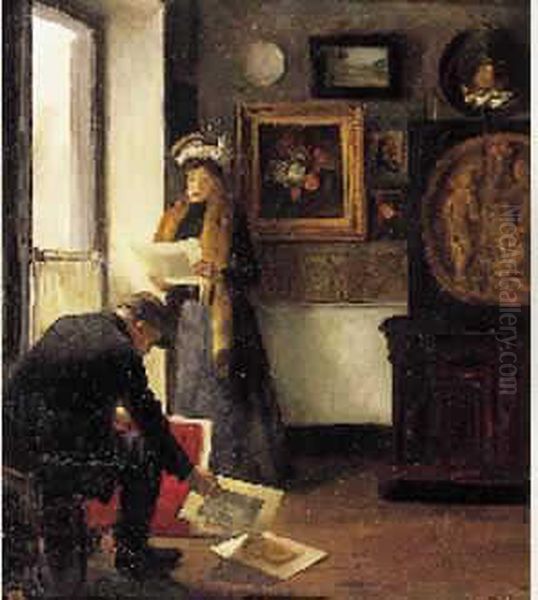 Jeune Femme Chez L'antiquaire Oil Painting by Georges H. Burdy